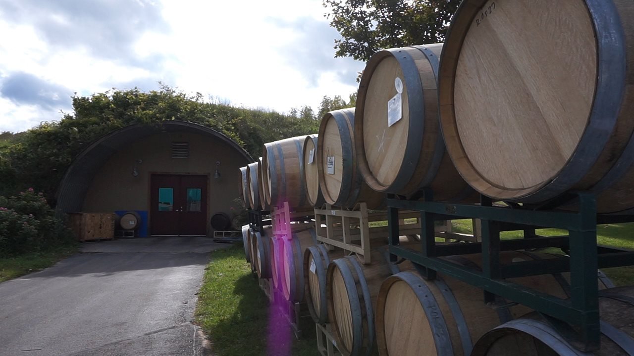 Hileras de barriles de vino apilados en Black Star Farms Winery.