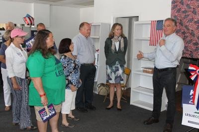 Democratic candidates Tim Kaine (right) and Leslie Cockburn (2nd to right) speak to attendees at the newly opened Appomattox Democratic Committee Headquarters